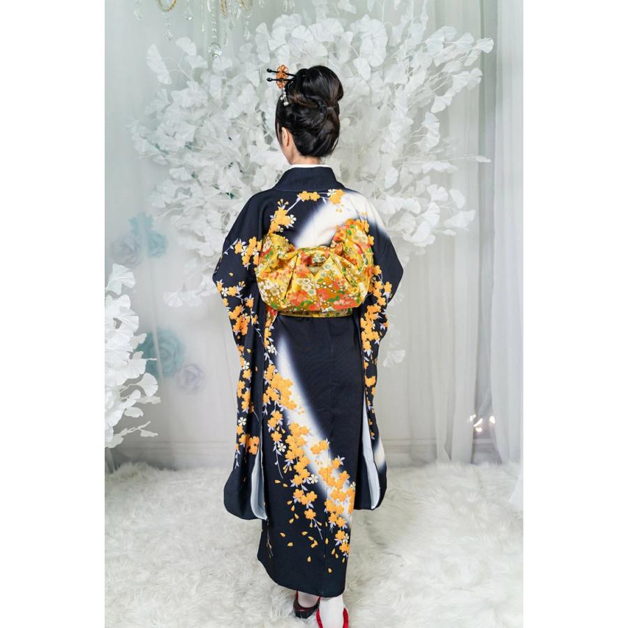 浴衣 レディース 黒 花柄 梅花 8点セット 振袖 フリーサイズ 婦人
