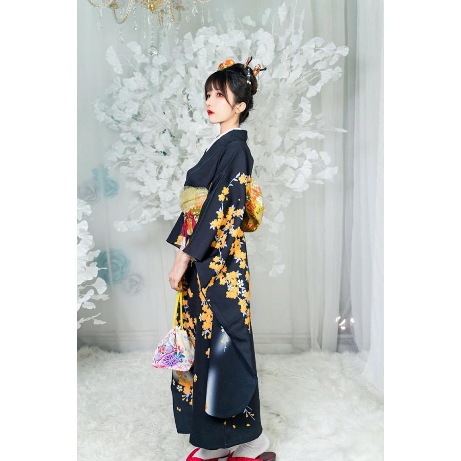 レディース浴衣　ふりふ　黒色花柄 浴衣 レディース 黒 花柄 梅花 8点セット 振袖 フリーサイズ 婦人