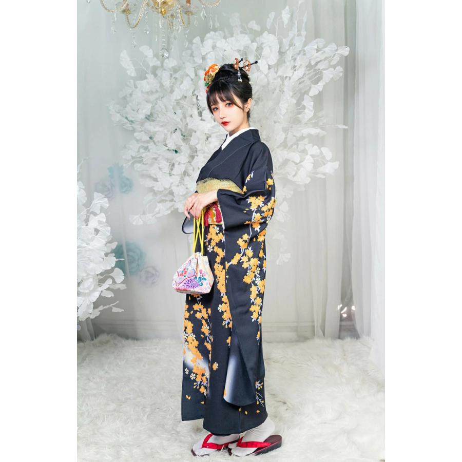 レディース浴衣　ふりふ　黒色花柄 浴衣 レディース 黒 花柄 梅花 8点セット 振袖 フリーサイズ 婦人