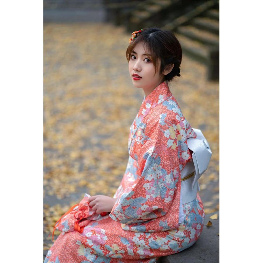浴衣 レディース オレンジ 桜柄 花柄 花火大会 夏祭り 3点セット
