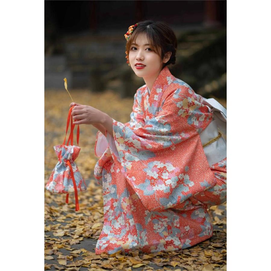 浴衣 レディース オレンジ 桜柄 花柄 花火大会 夏祭り 3点セット
