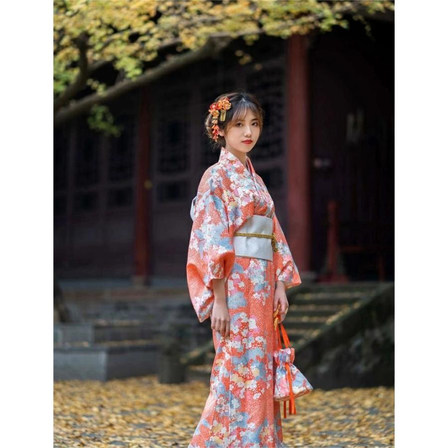 浴衣 レディース オレンジ 桜柄 花柄 花火大会 夏祭り 3点セット