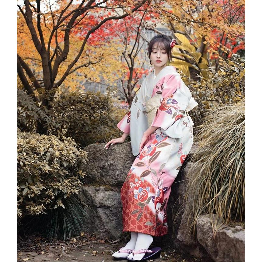 浴衣 レディース 花柄 ピンク 白 5点セット ゆかた 巾着袋 足袋 蝶結び