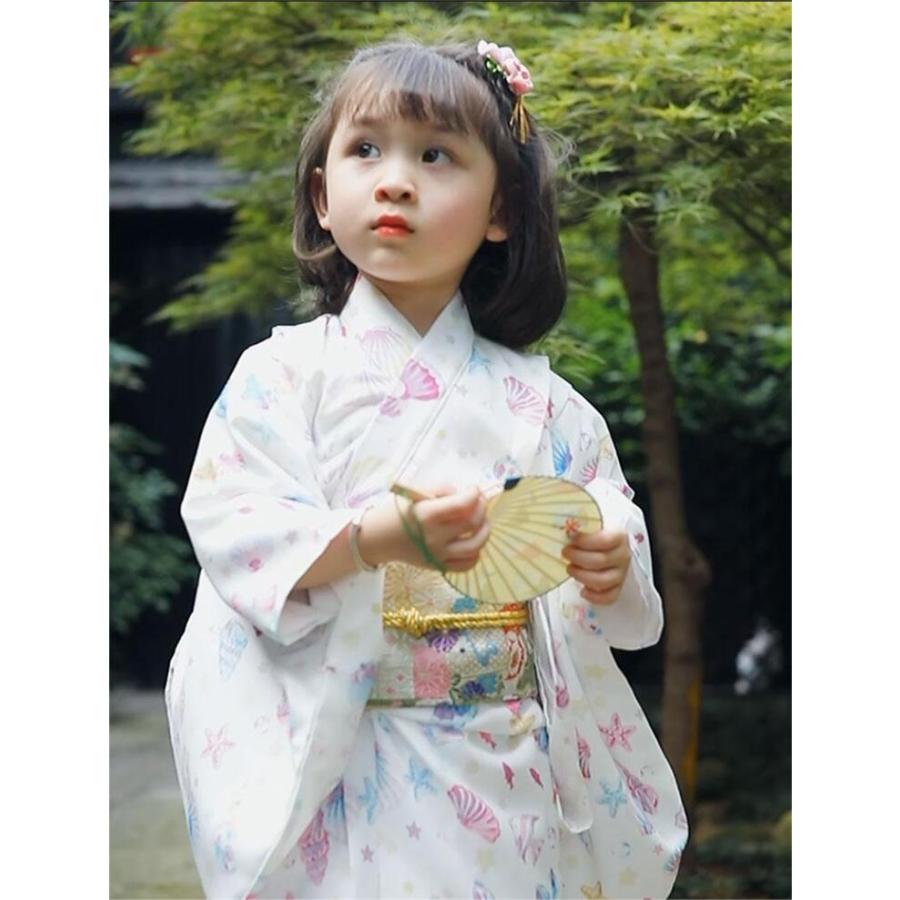 キッズ 浴衣 女の子 貝柄 貝殻 ピンク 白 8点セット シンプル レトロ