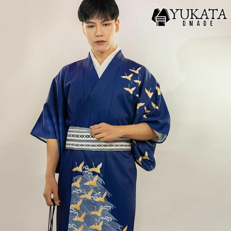 浴衣 メンズ 鶴柄 6点セット 紺色 男性 男性用 紳士 和服 作り帯 男