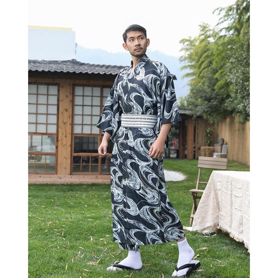 浴衣 メンズ 2点セット 曲水柄 黒 男性 男性用 紳士 和服 作り帯
