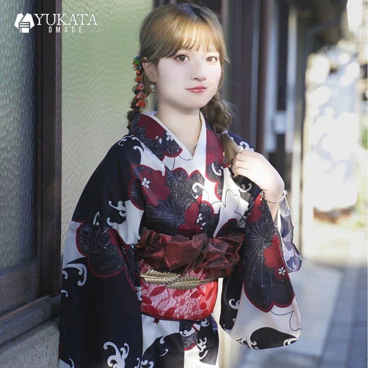 浴衣 レディース 黒 赤 小紋 花柄 花火大会 夏祭り ポリエステル浴衣