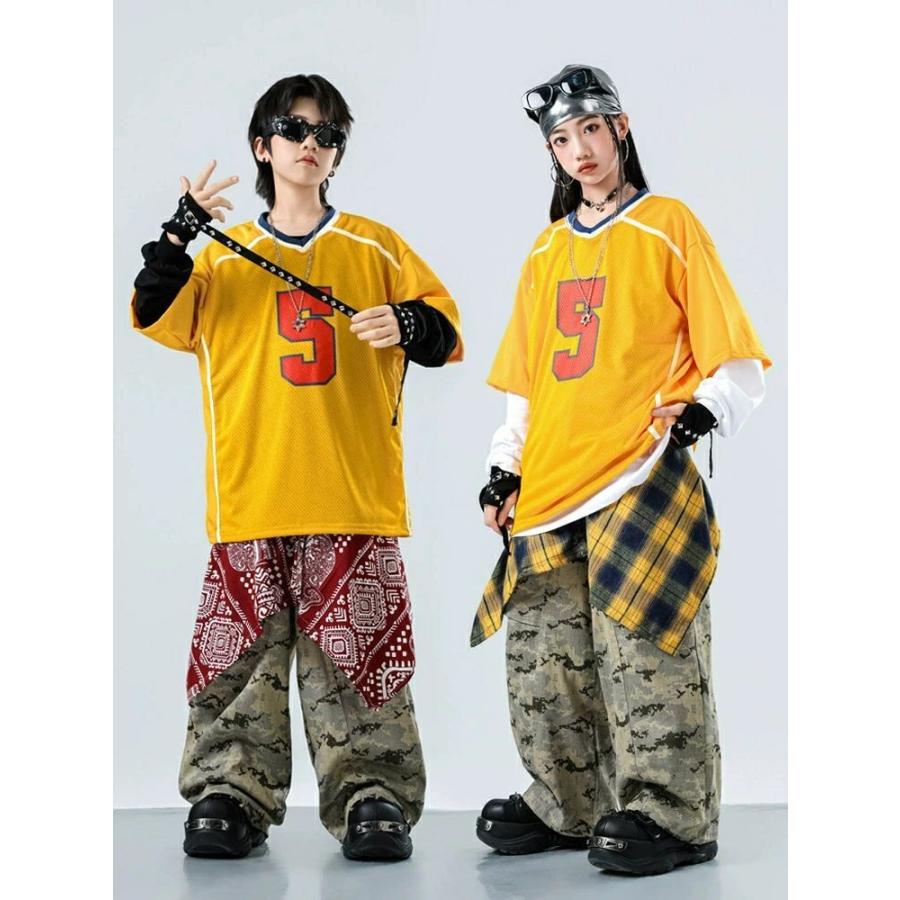 ダンス キッズ 衣装 黄色 ヒップホップ 腰巻風 Tシャツ ズボン ダンス