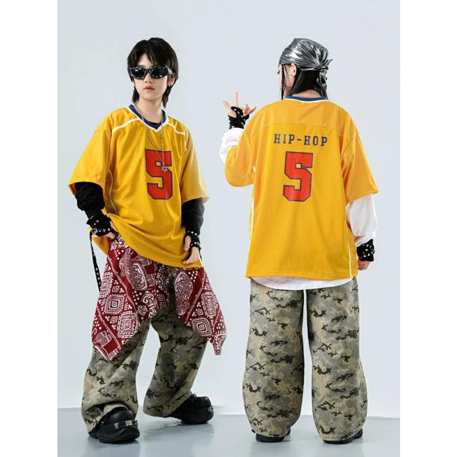 ダンス キッズ 衣装 黄色 ヒップホップ 腰巻風 Tシャツ ズボン ダンス
