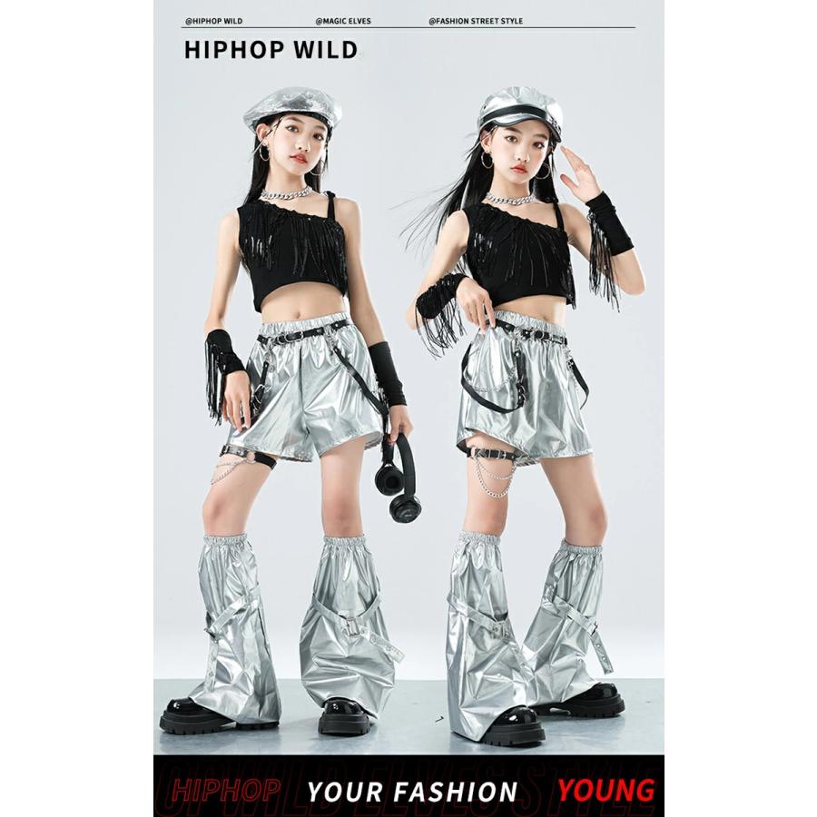 シルバー 黒 キッズ ダンス衣装 フリンジ トップス ヘソ出し