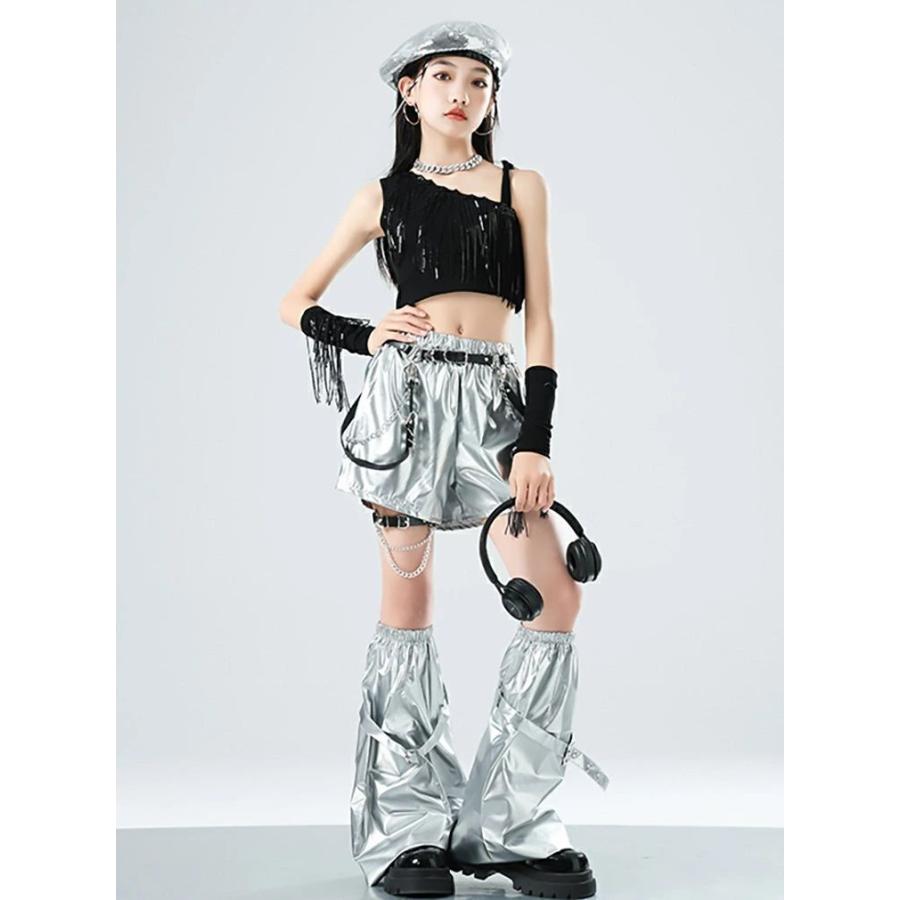 ベリーダンス セットアップ シルバー ブラック シルバー 黒 キッズ ダンス衣装 フリンジ トップス ヘソ出し