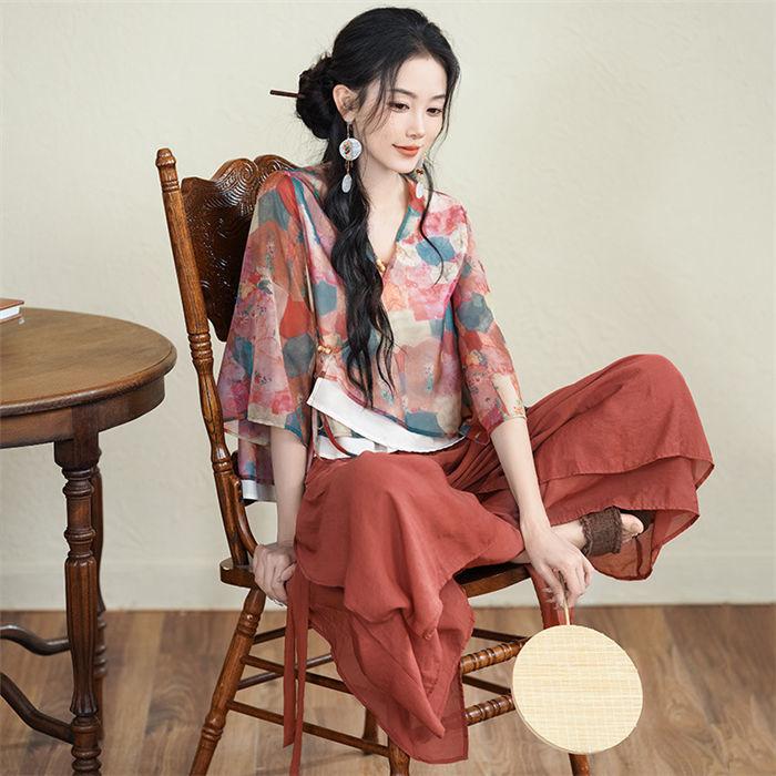 単品 チャイナ服 七分袖ブラウス ロングスカート 漢服唐装 中華服 古代