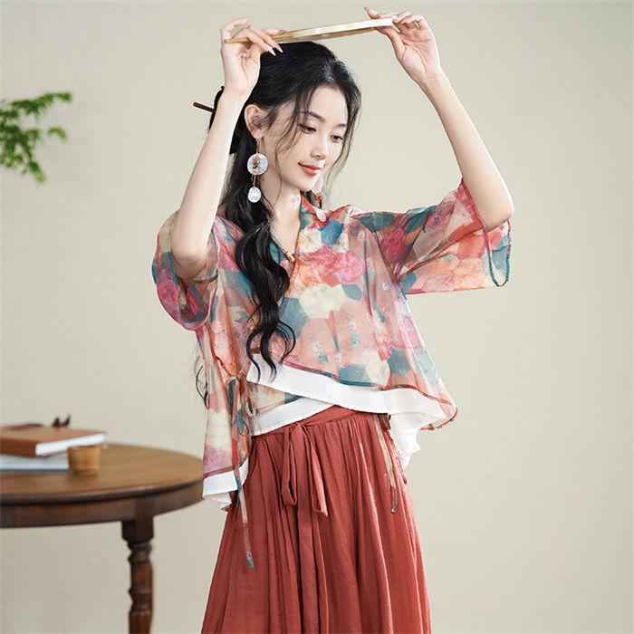 単品 チャイナ服 七分袖ブラウス ロングスカート 漢服唐装 中華服 古代