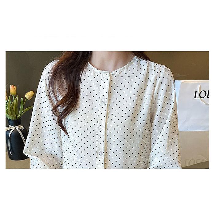 シャツ/ブラウス(長袖/七分) Chiffon Dot Blouse ブラウス レディース 七分袖 シャツ 水玉 クルーネック ドット柄
