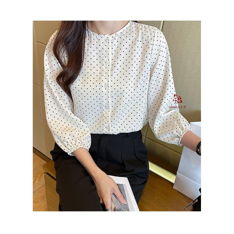 シャツ/ブラウス(長袖/七分) Chiffon Dot Blouse ブラウス レディース 七分袖 シャツ 水玉 クルーネック ドット柄