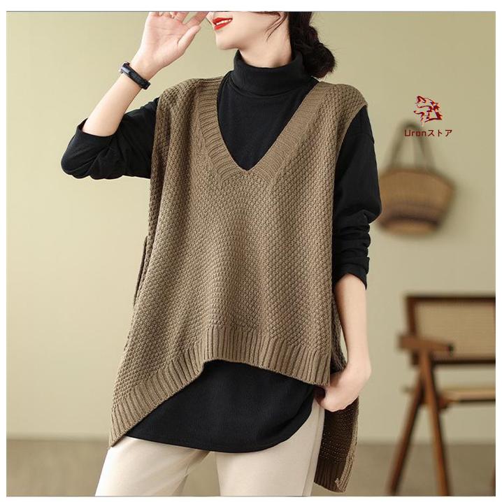 ニットベスト 大きいサイズ レディース 秋冬 アシメ vネック ベスト