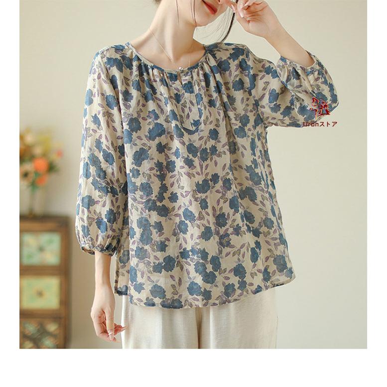 タグ付き　ドラッグストアーズ　シャツチュニック　切替　花柄　麻混　ゆったり　上品 ブラウス 花柄 レディース シャツブラウス 総花柄 クルーネック プル