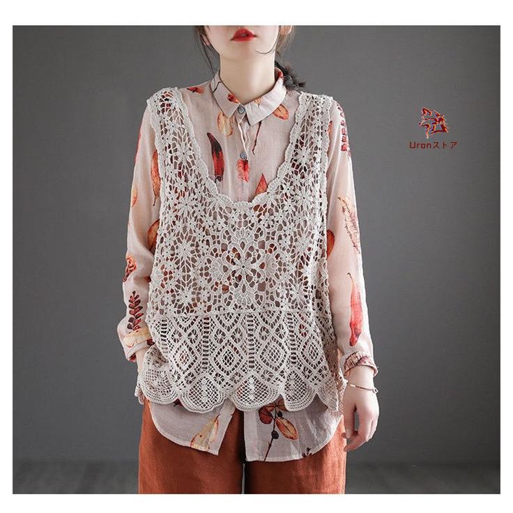 ★Rossa★大きいサイズ レース ニットベスト ベージュ系 46★クロシェジレ ベスト レディース 春夏 ニットベスト 透かし編み トップス クロシェ