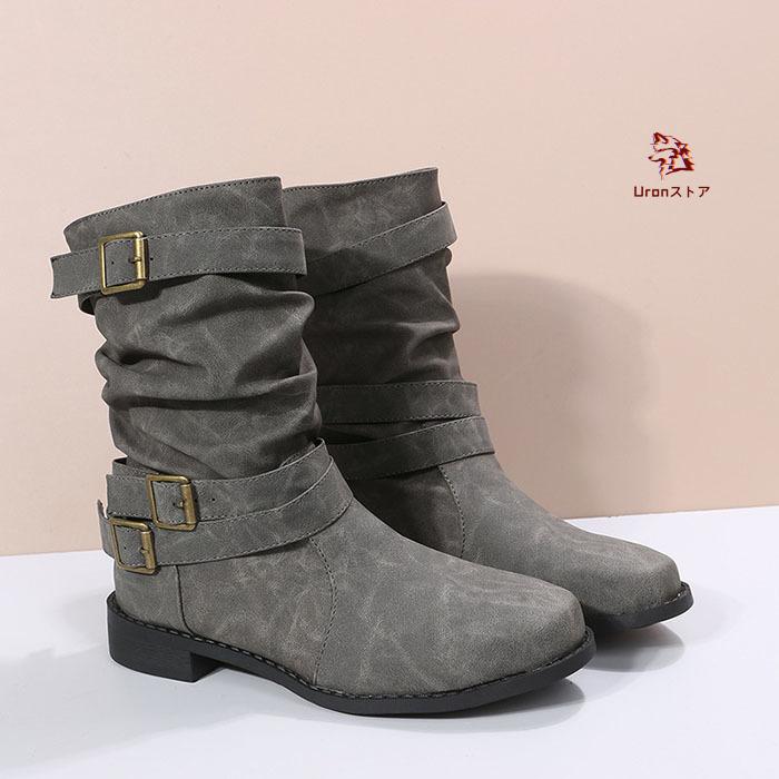 グレー スエード エンジニアブーツ バックル付き ショートブーツ 大きいサイズ レディース エンジニアブーツ 25cm 25.5