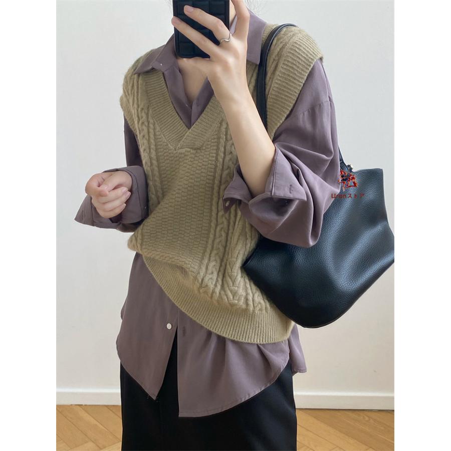 ニットベスト ケーブル編み ベスト レディース Vネック ニット
