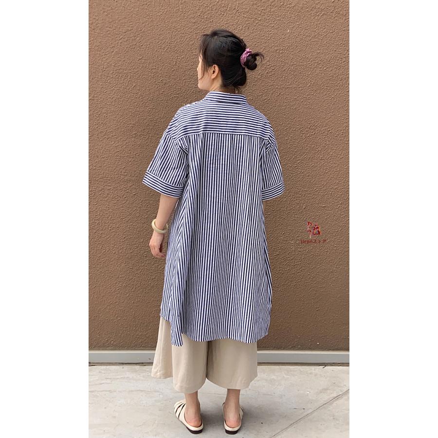 送料無料】綿100% キッパー襟チュニックワンピース シャツ