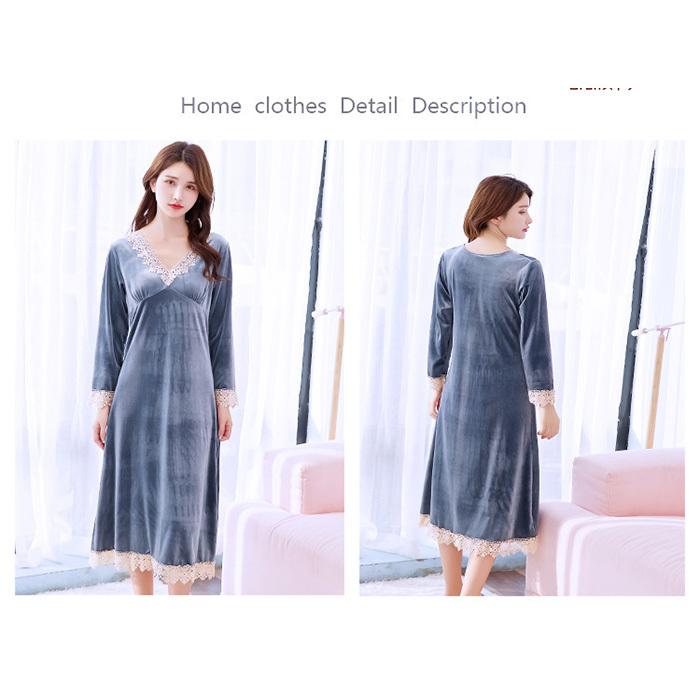 送料無料】ベロア ルームウェア ワンピース レース 長袖 ベロア 生地