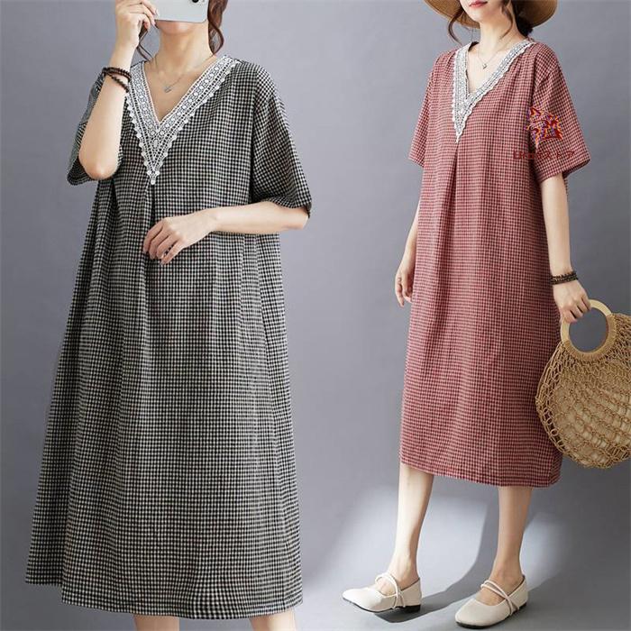 Scapa チェック柄 半袖ワンピース 麻 ロングワンピース ギンガムチェック レディース 夏 チェック