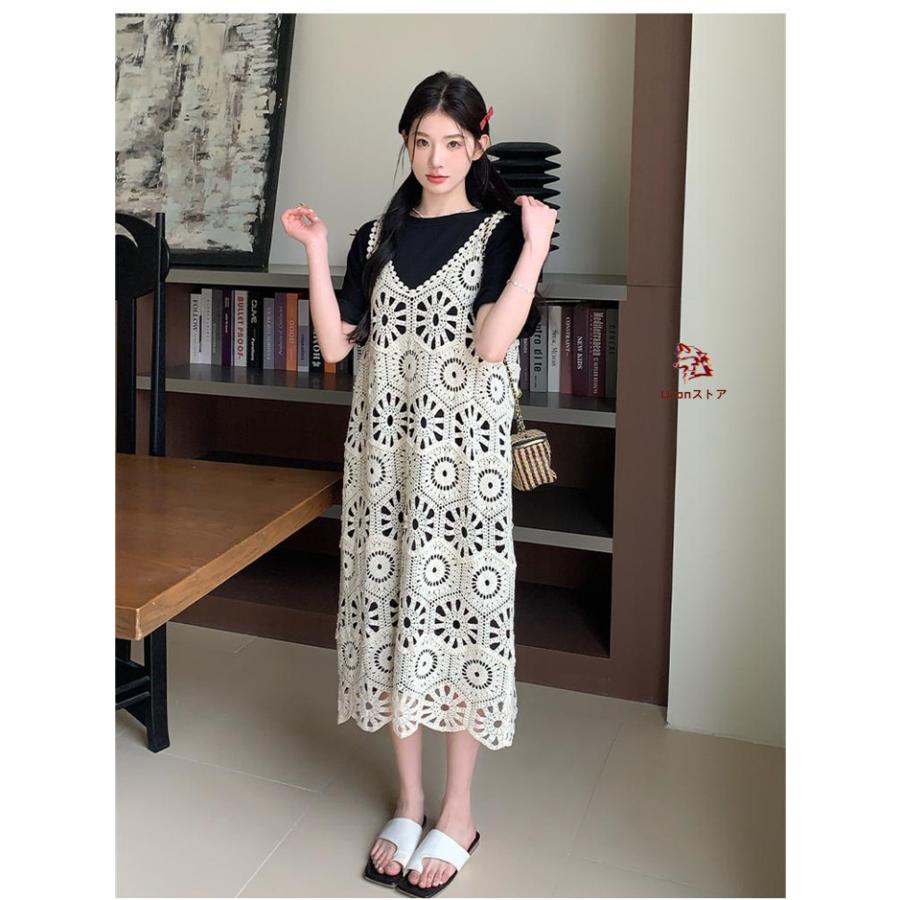 透かし編み ロングベスト レディース 夏ニットベスト カーディガン