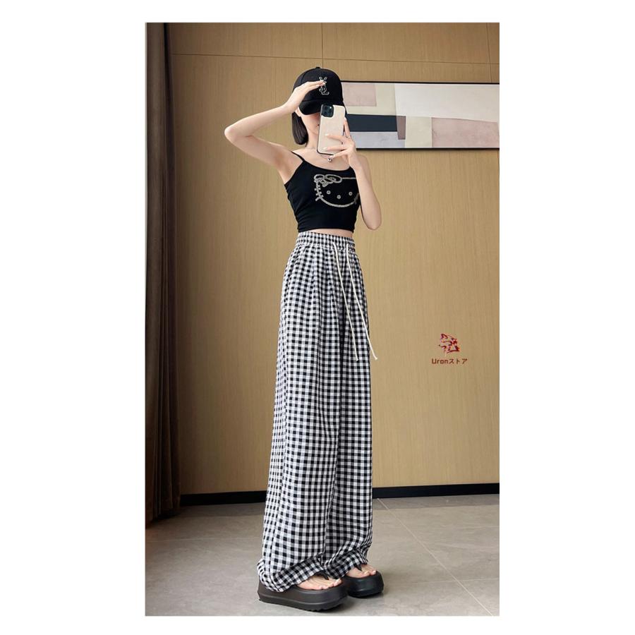 ワイドパンツ レディース ギンガムチェック パンツ 夏 レ イージー