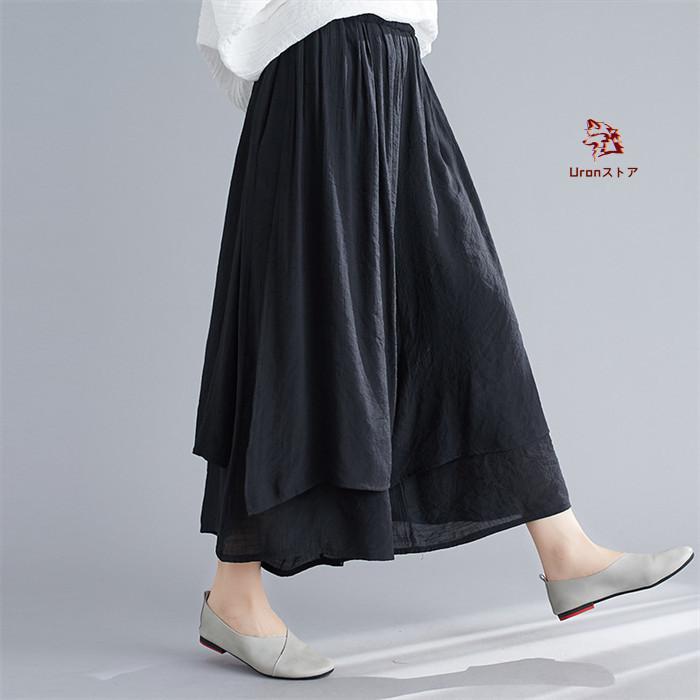 AMOMENTO ブラック フレアスカートパンツ ガウチョパンツ 25SS ワイドパンツ スカート レディース 綿麻風 フレアパンツ 夏 ガウチョ