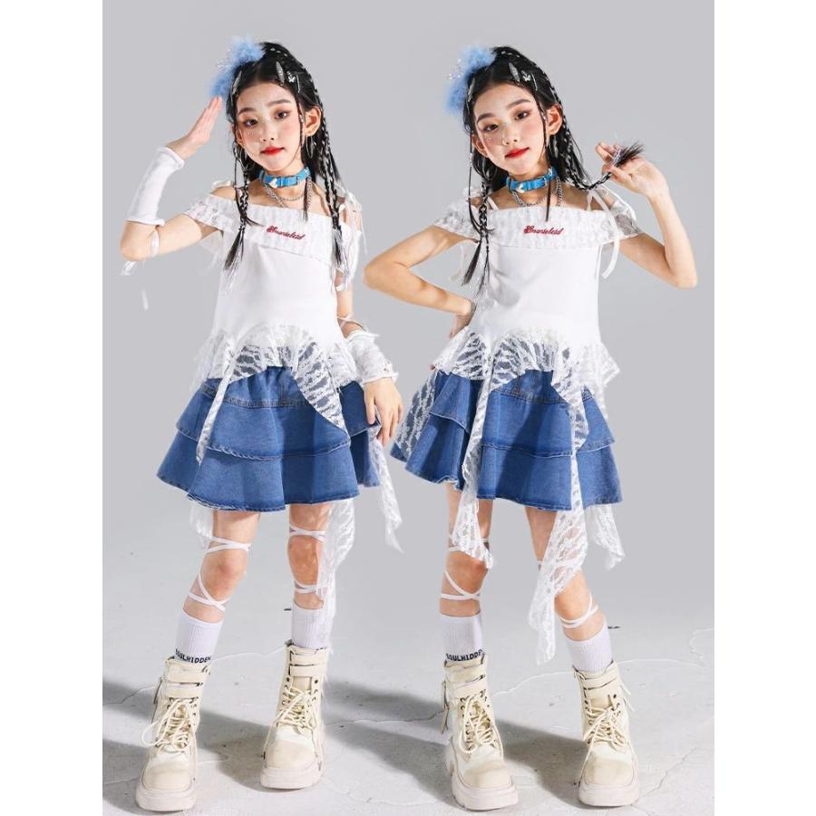 デニムスカート 女の子 レース ティアードスカート 肩出し k-pop 子供