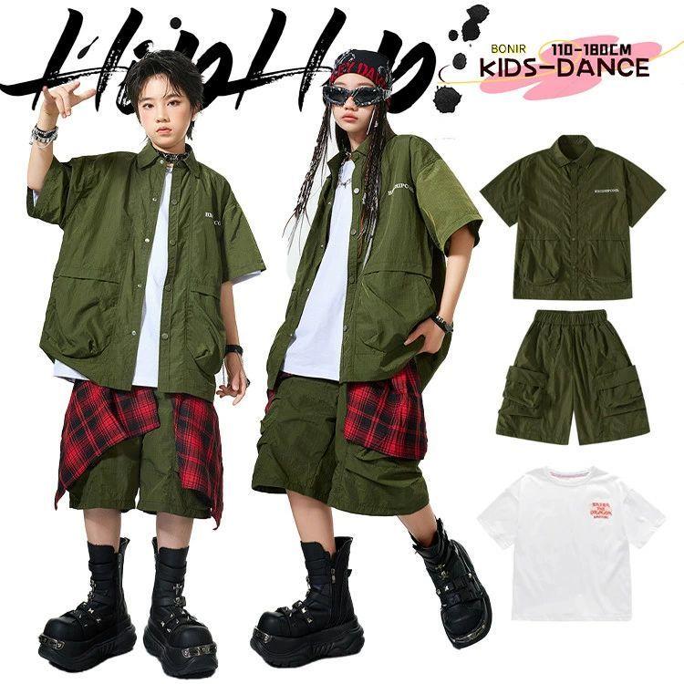 カーキグリーン 半袖 シャツ ダンス衣装 K-POP風 女の子 男の子 ヒップ