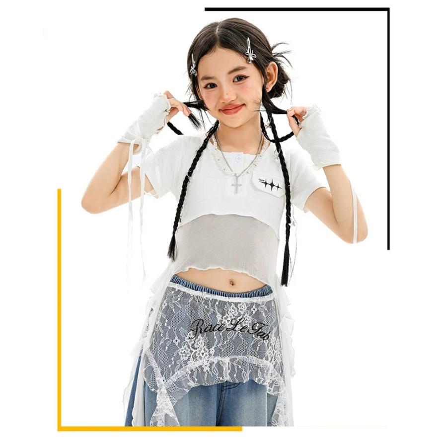 キッズダンス衣装 セットアップ 女の子 白 トップス へそ出し デニム