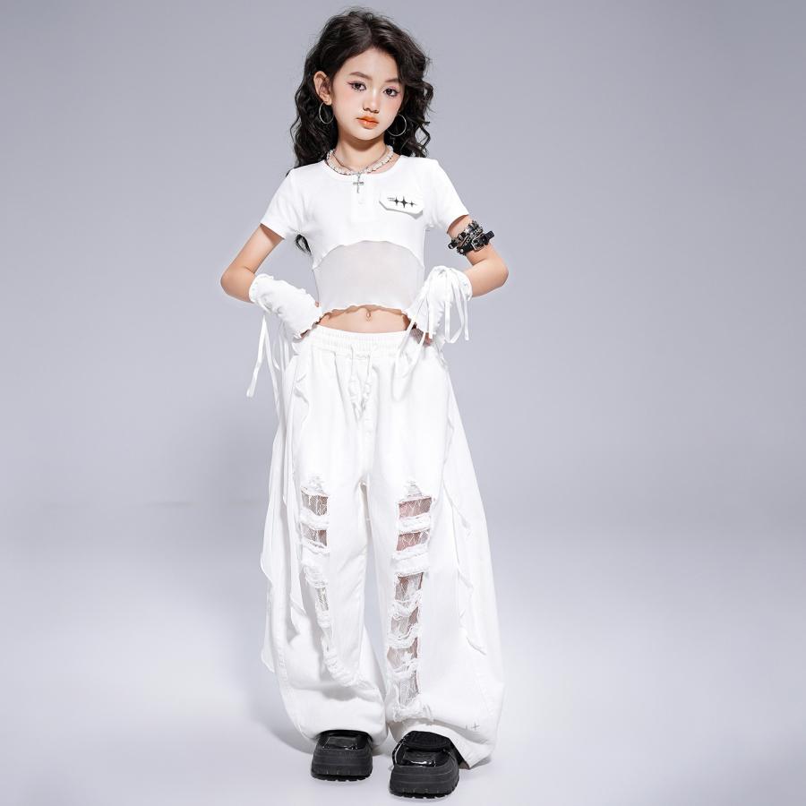白 ダメージ カーゴパンツ 星柄 チュール 可愛い 子供服 女の子 ダンス