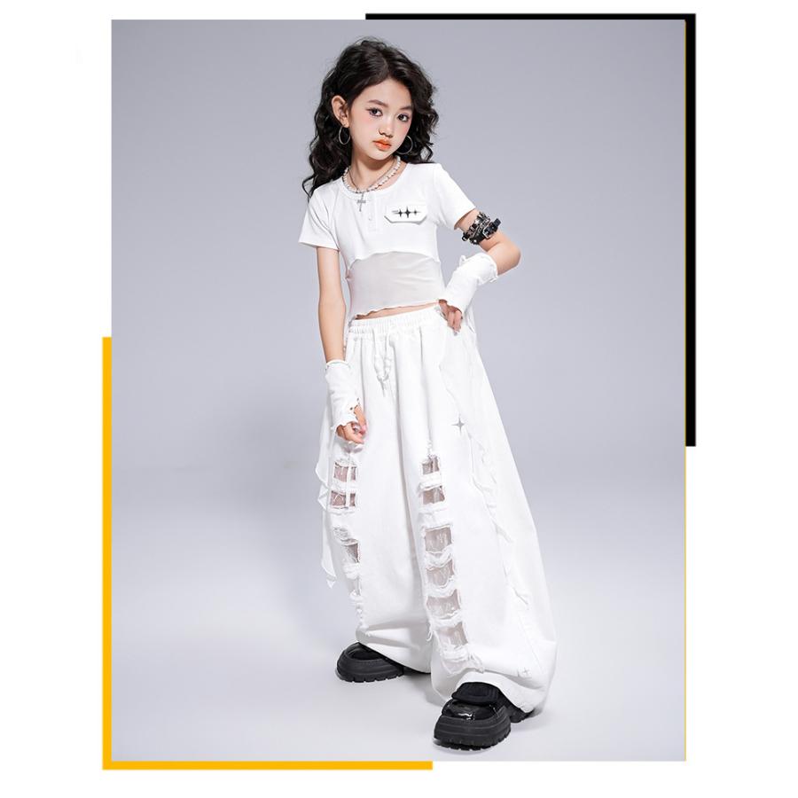 白 ダメージ カーゴパンツ 星柄 チュール 可愛い 子供服 女の子 ダンス