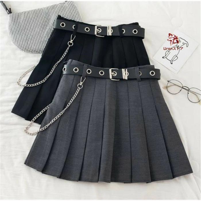 チェーン付き プリーツスカート ベルト付き ミニスカート 黒 ブラック