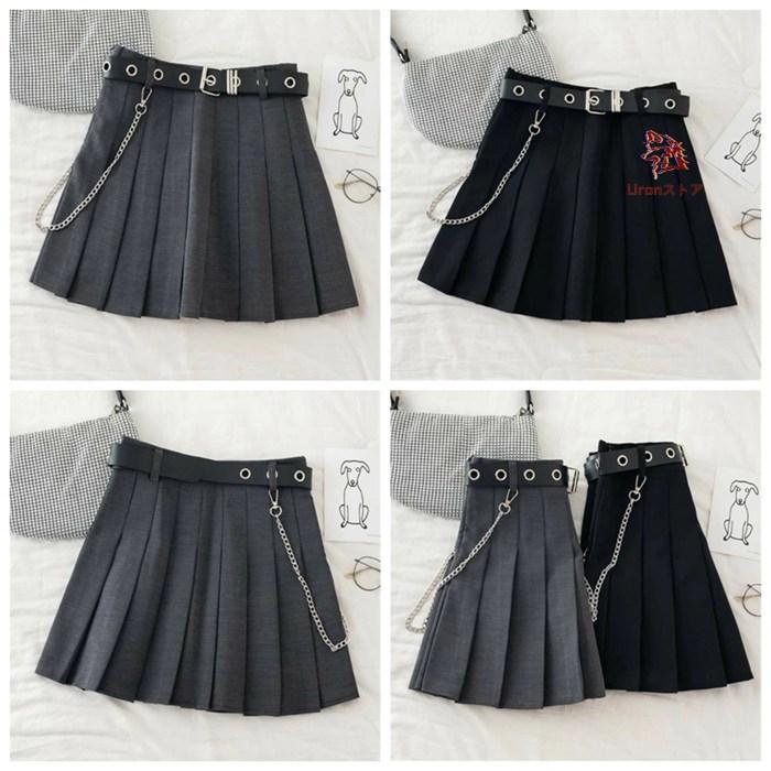 チェーン付き プリーツスカート ベルト付き ミニスカート 黒 ブラック