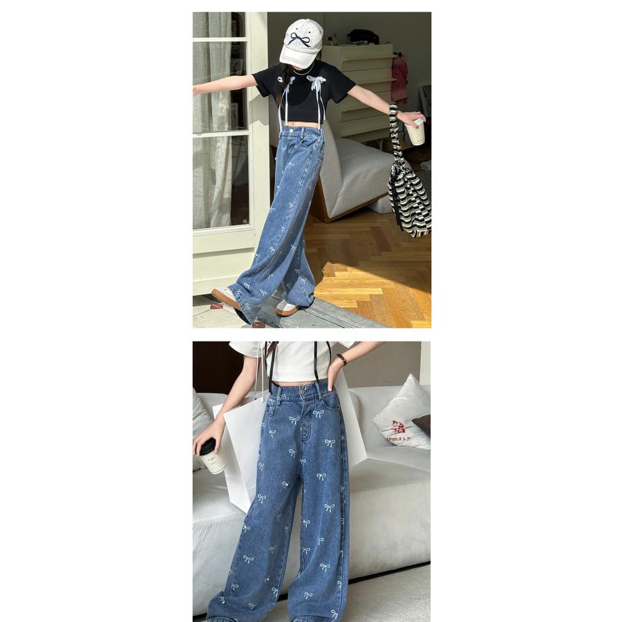 デニム パンツ キッズ ダンス 衣装 ワイドパンツ リボン柄 女の子 子供
