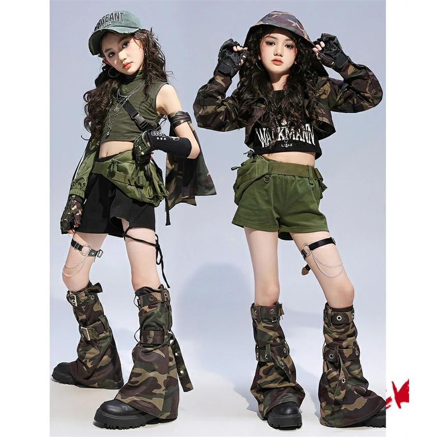 迷彩柄 キッズダンス衣装 女の子 ヒップホップ トップス へそ出し