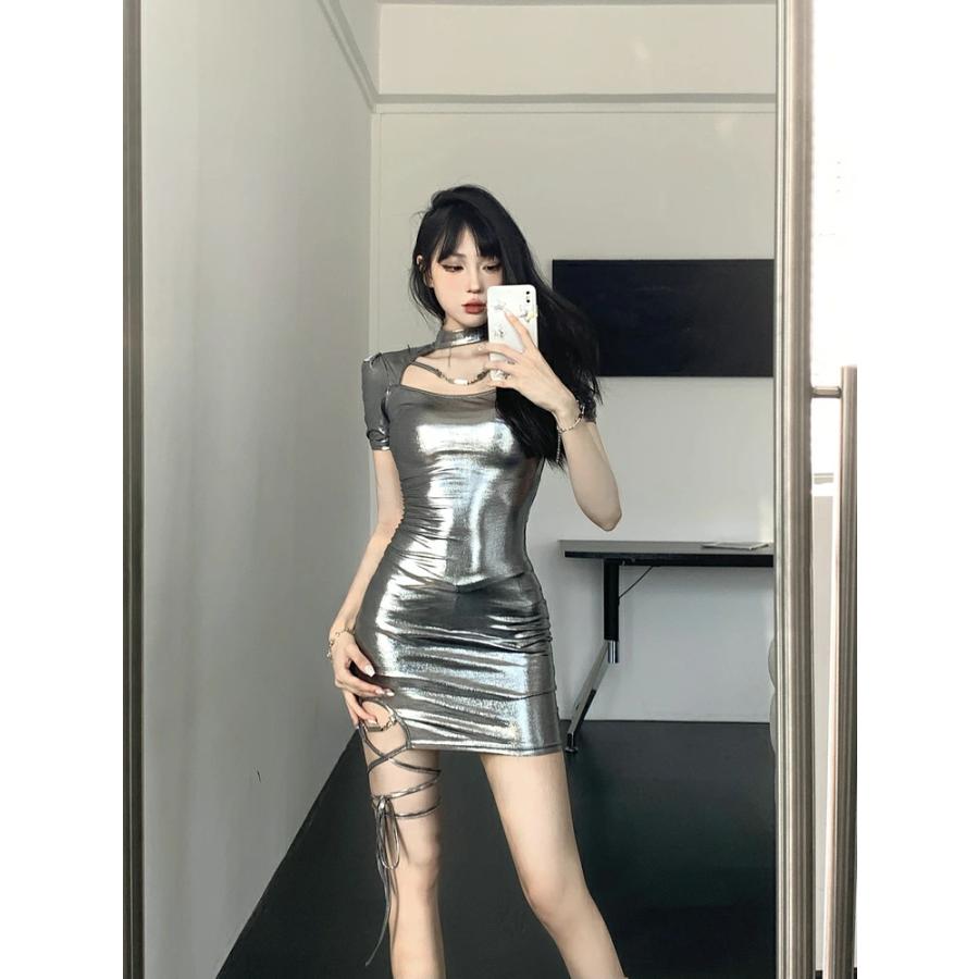 メタリック シルバー 韓国 アイドル 衣装 レディース 半袖 ワンピース