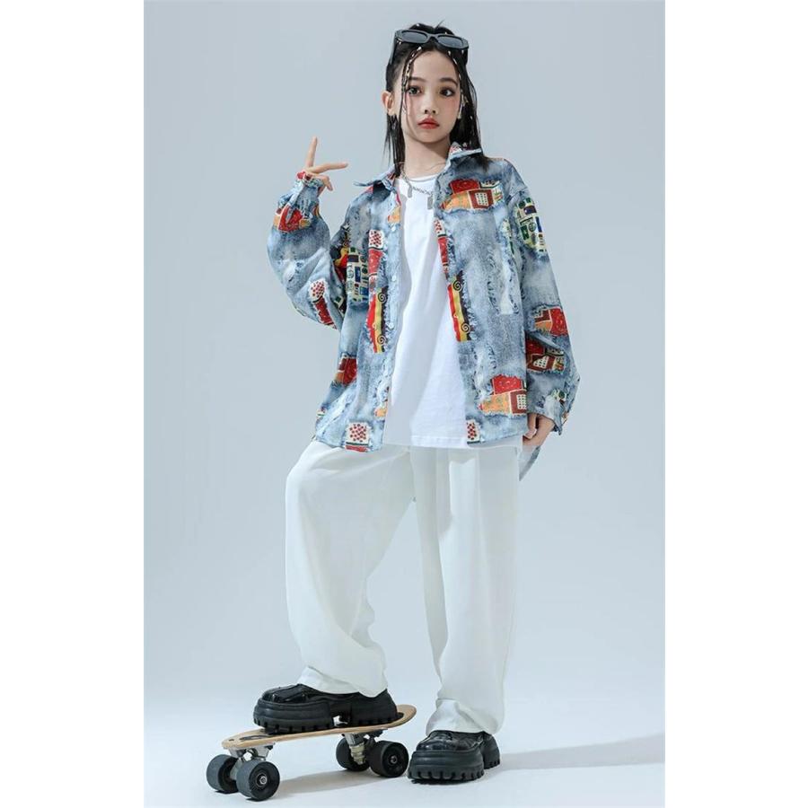 黒 青 白 レトロ系 ヒップホップ 衣装 キッズ ダンス 柄シャツ デニム