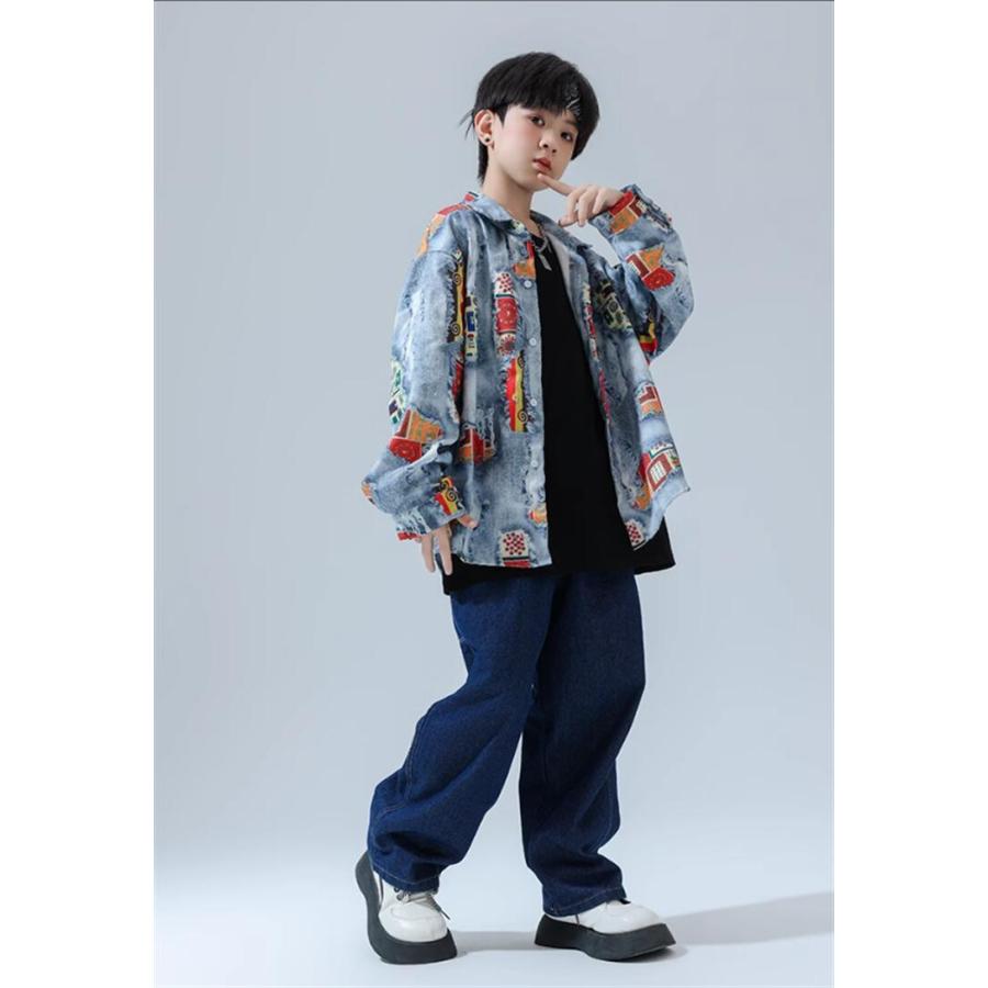 黒 青 白 レトロ系 ヒップホップ 衣装 キッズ ダンス 柄シャツ デニム