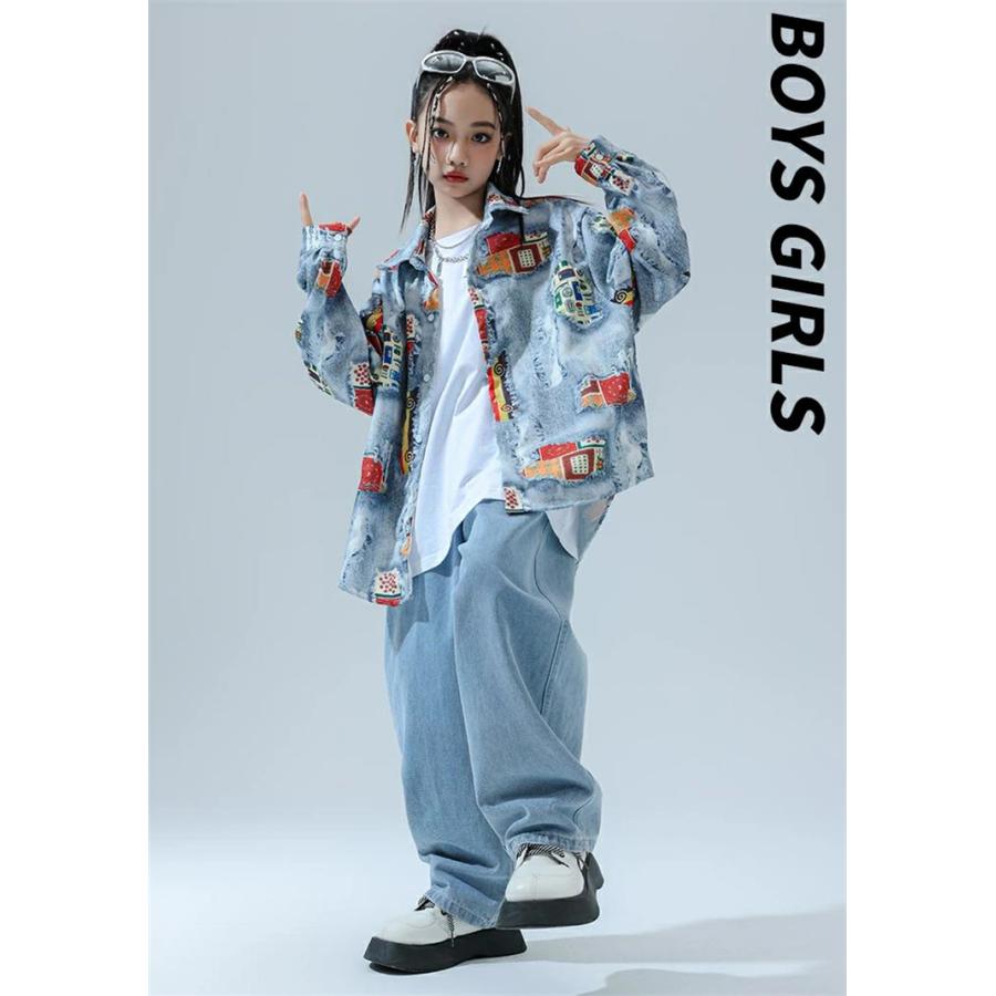 黒 青 白 レトロ系 ヒップホップ 衣装 キッズ ダンス 柄シャツ デニム