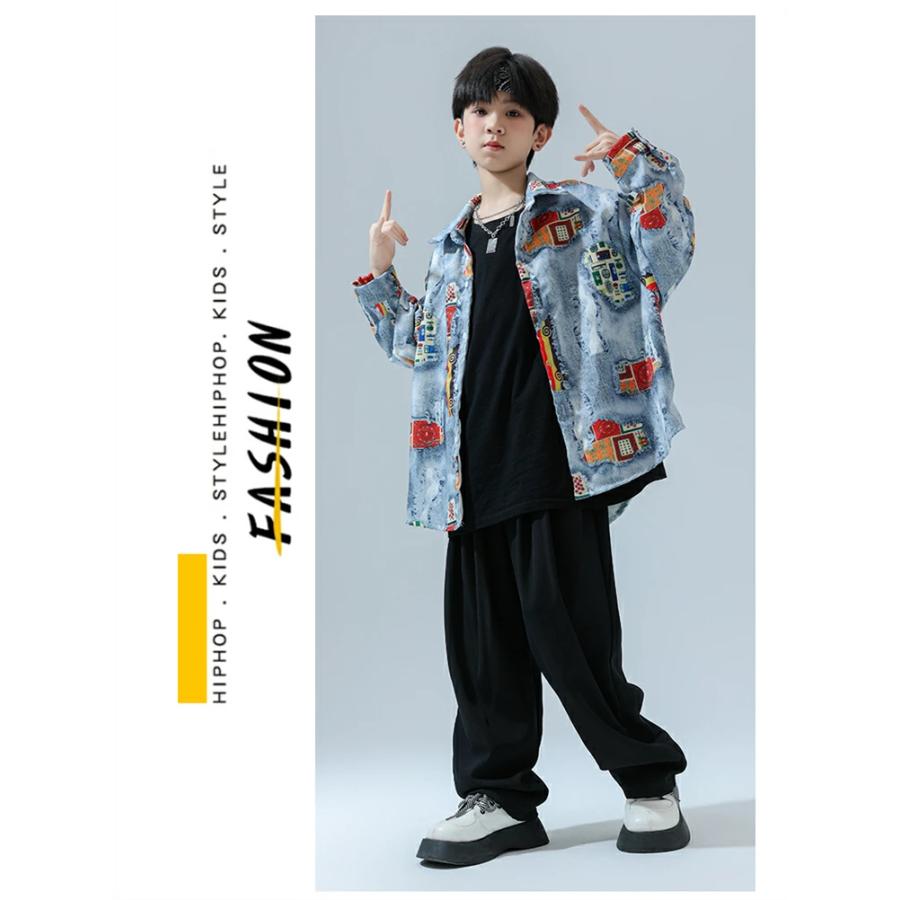 黒 青 白 レトロ系 ヒップホップ 衣装 キッズ ダンス 柄シャツ デニム