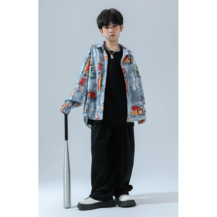 黒 青 白 レトロ系 ヒップホップ 衣装 キッズ ダンス 柄シャツ デニム