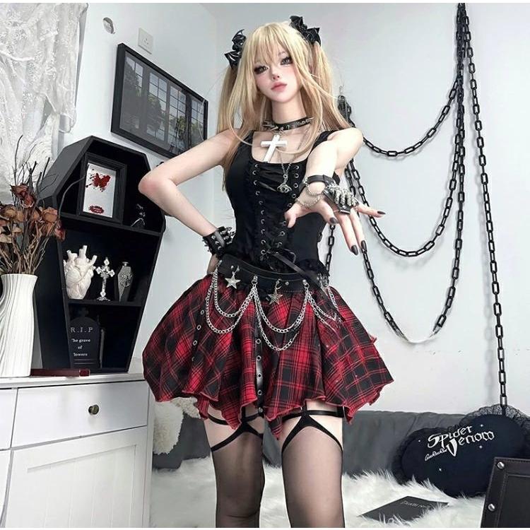 レディースダンス衣装 サブカル系 チェック柄 赤 黒 ロリータ