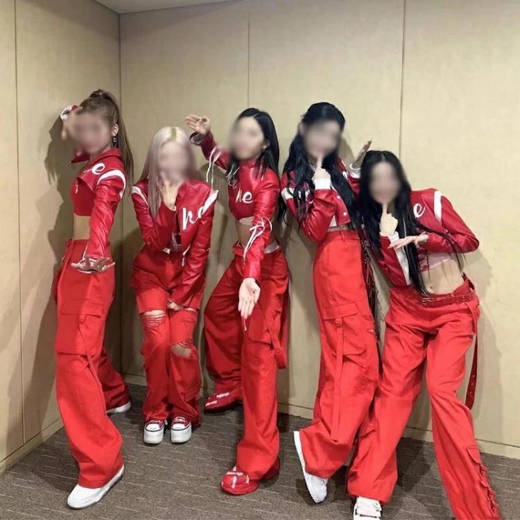 レザー 韓国 アイドル衣装 上下セット レディース k-pop ダンス衣装 赤