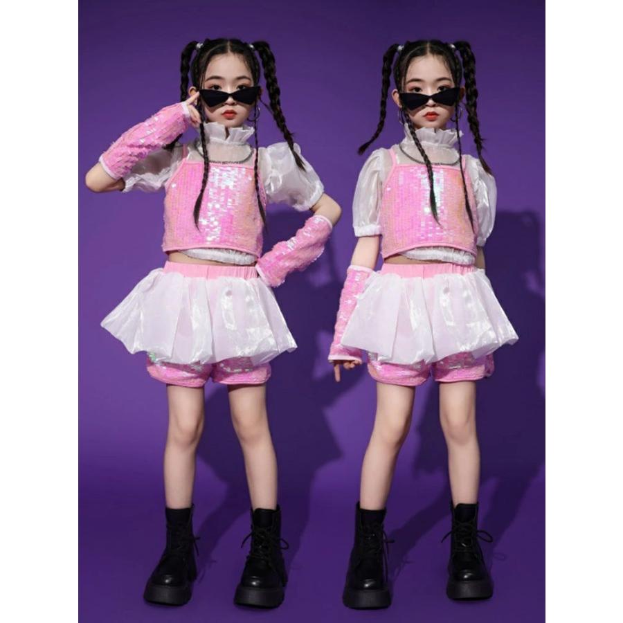 ピンク長袖ダンスドレス スパンコール装飾 ピンクスパンコール キッズダンス衣装 女の子 セットアップ 子供ダンス