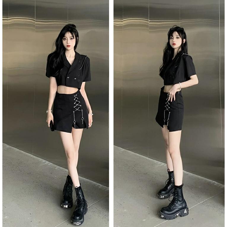 韓国 k-pop アイドル ダンス衣装 黒 スーツ レディース 半袖ジャケット