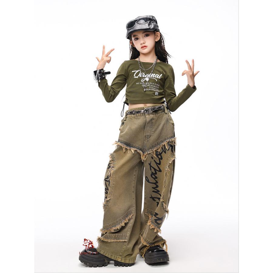 個性派 カーキグリーン jazz キッズ ダンス衣装 長袖 女の子 Tシャツ